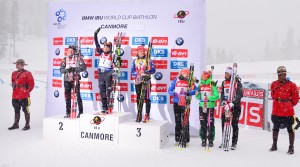 Marie Habert-Dorin of France, Dorothea Wierer of Italy, , Gabriela Soukalova of the Czech Republic, Kaisa Makarainen of Finland, Franziska Hildebrand of Germany, Anais Bescond of France, IBU World Cup 7, Canmore, Alberta, Canada, Men/Women mass start